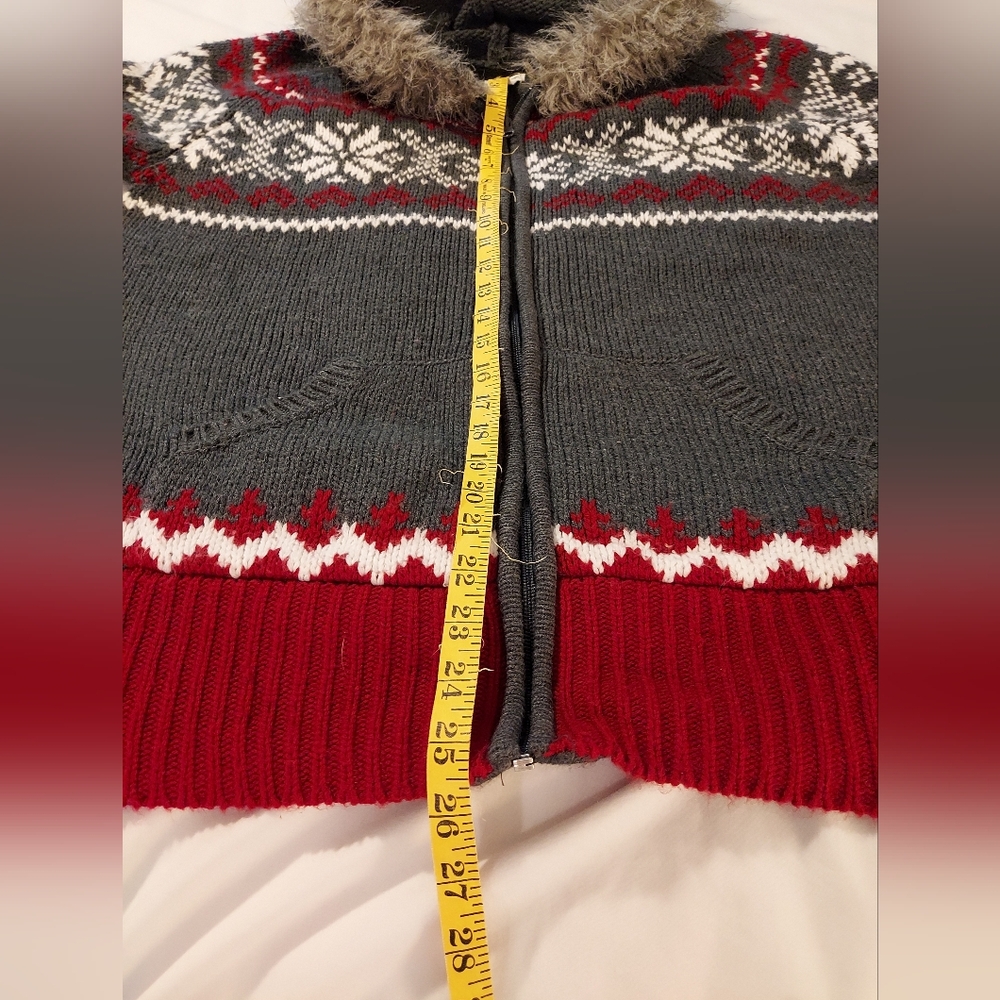 Motherhood Maternity Gray and Red Fair Isle Zip-Up Sweater With Faux Fur Trim - Picture 6 of 7